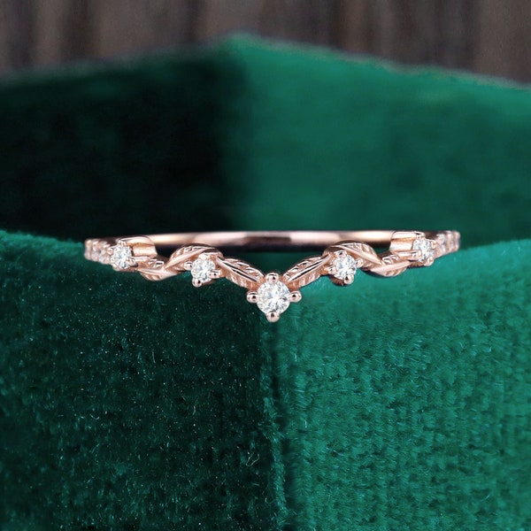 Unique moissanite wedding band, nature inspired leaf rose gold ring, vintage diamond stacking anniversary ring, promise bridal matching ring