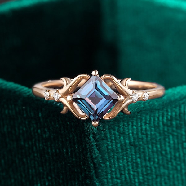 Princess cut alexandrite engagement ring, vintage diamond ring, women moissanite rose gold ring, art deco ring. unique prong anniversary