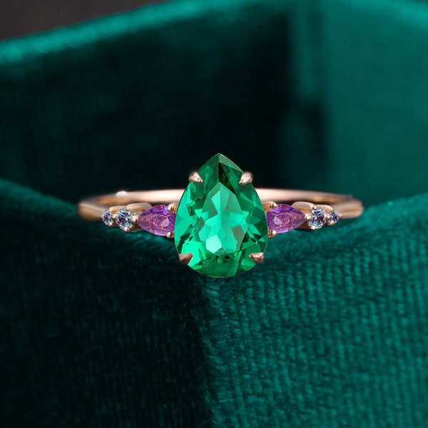 Pear shaped lab emerald engagement ring, vintage prong amethyst rose gold ring gift for her, lab alexandrite anniversary bridal wedding ring
