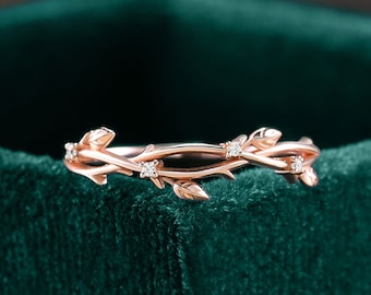 Moissanite Diamond Rose Gold Wedding Band - Vine Leaf Ring