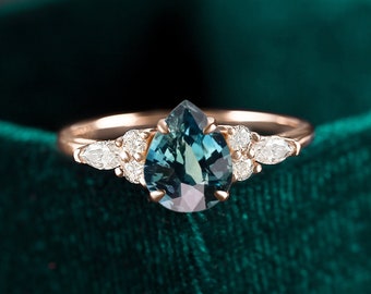 pear shaped teal sapphire engagement ring, blue green sapphire rose gold ring, vintage marquise cut ring unique seven stone anniversary ring