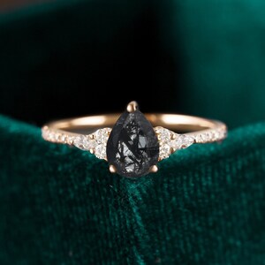 Pear shaped black rutilated quartz ring, engagement ring rose gold, marquise cut half eternity ring, unique bridal ring promise wedding ring