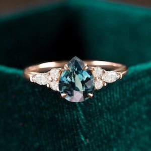 pear shaped teal sapphire engagement ring, blue green sapphire rose gold ring, vintage marquise cut ring unique seven stone anniversary ring