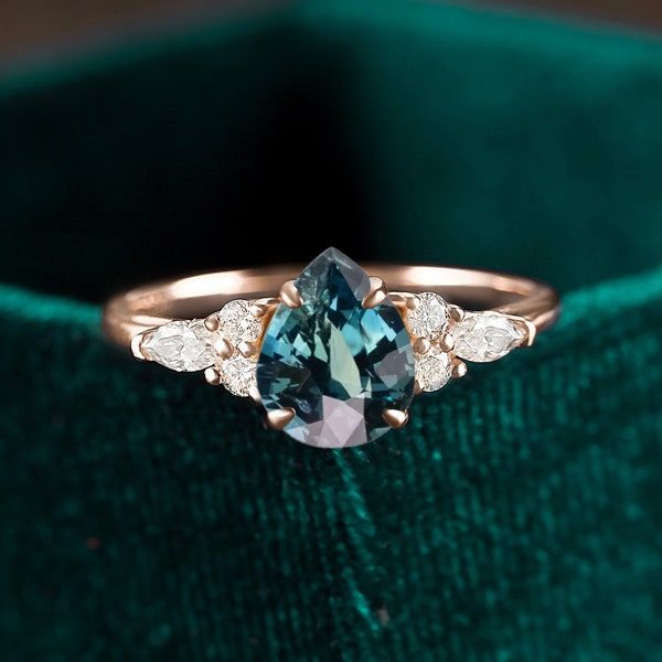 birnenförmiger blaugrüner Saphir Verlobungsring, blau grüner Saphir Roségold Ring, Vintage Marquise Ring Unikat Ring mit sieben Steinen Jubiläum