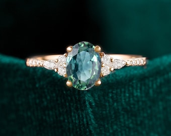 oval cut teal sapphire ring, rose gold engagement ring, vintage unique marquise ring, promise wedding ring, half eternity anniversary ring