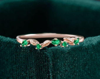 Marquise Lab Emerald Rose Gold Leaf Ring, Vintage Wedding Band