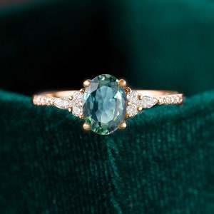 oval cut teal sapphire ring, rose gold engagement ring, vintage unique marquise ring, promise wedding ring, half eternity anniversary ring