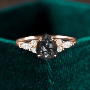 pear shaped black rutilated quartz engagement ring vintage marquise diamond ring rose gold seven stone anniversary ring unique wedding ring