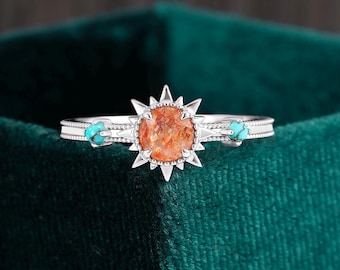 Round Sunstone Engagement Ring, Turquoise White Gold, Milgrain Bridal Ring