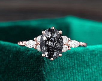Oval Black Rutilated Quartz Ring, Marquise Moissanite, Rose Gold Bridal Ring