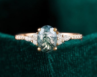 oval cut moss agate engagement ring, rose gold vintage ring, promise prong wedding ring, half eternity anniversary ring, unique bridal ring
