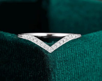 Moissanite Chevron Wedding Band, Vintage Diamond Cluster, 14K White Gold