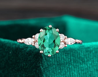 Oval Lab Emerald Engagement Ring, Marquise Moissanite, 14K Rose Gold Twisted Band