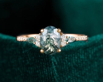 oval cut green moss agate ring, rose gold engagement ring vintage, unique marquise cut wedding ring, half eternity diamond anniversary ring