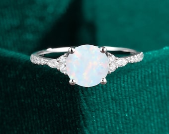 Vintage Round Opal Engagement Ring: Marquise Moissanite, 14k White Gold