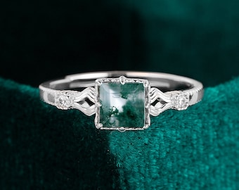 Baguette Moss Agate Engagement Ring, Moissanite White Gold Art Deco Ring