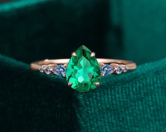 Pear shaped lab emerald engagement ring, Prong set lab alexandrite rose gold ring, Vintage promise anniversary bridal wedding ring for her