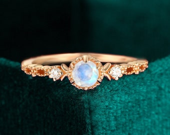 Unique moonstone milgrain engagement ring prong set moissanite yellow gold ring vintage diamond anniversary bridal ring promise ring for her