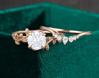 moissanite engagement ring set, Flower ring, vintage women ring, 14k/18k rose gold, art deco unique ring. prong set anniversary gift for her