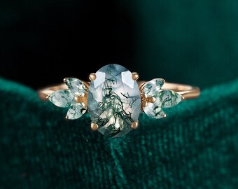 oval cut moss agate engagement ring, vintage marquise cut ring, 14k/18k rose gold ring, unique prong set ring, seven stone anniversary ring