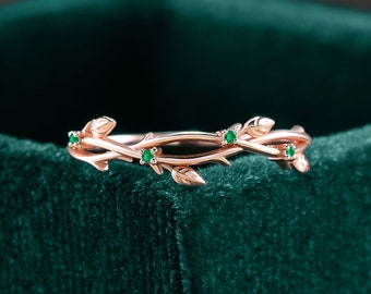 Lab emerald rose gold wedding band, nature inspired branch leaf matching ring, curved anniversary gift for her, promise bridal stacking ring