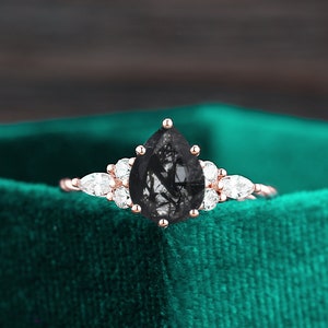 Pear shaped black rutilated quartz ring, vintage marquise cut moissanite diamond engagement ring, promise anniversary rose gold bridal ring