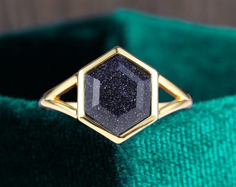 Hexagon Blue Sandstone Ring, Yellow Gold Art Deco Bezel Set