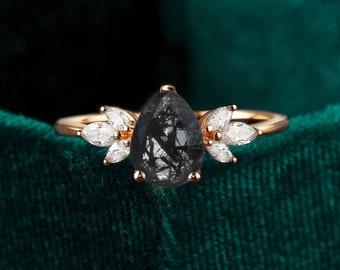 Pear Black Rutilated Quartz Ring, Vintage Rose Gold Moissanite Diamond Ring