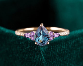 Pear shaped lab alexandrite rose gold engagement ring, half eternity marquise cut amethyst ring, prong moissanite diamond bridal ring women