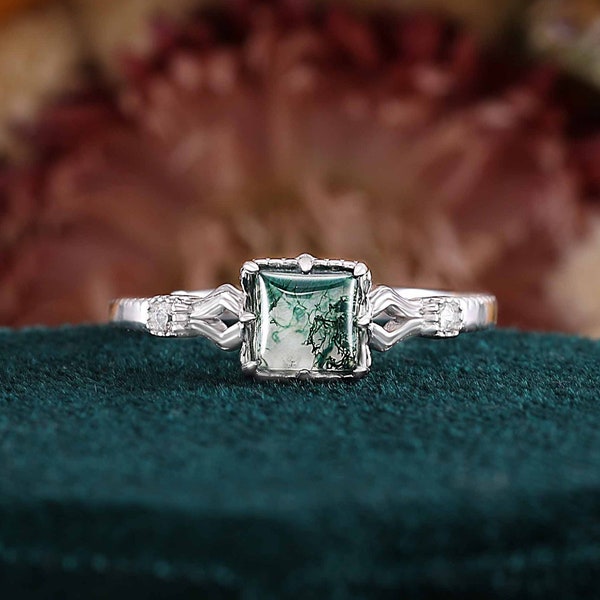 Baguette cut moss agate engagement ring, unique moissanite white gold ring, prong set diamond wedding ring, art deco anniversary bridal ring