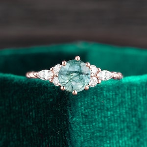 Moss agate engagement ring, marquise cut moissanite rose gold ring, vintage diamond twisted wedding ring, promise anniversary gift for her