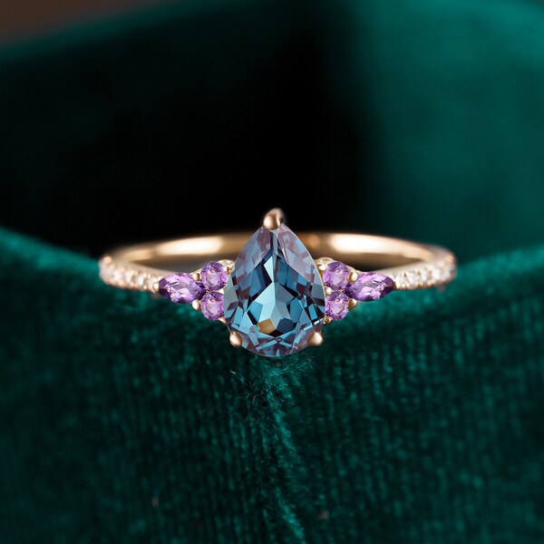 Pear shaped lab alexandrite rose gold engagement ring, half eternity marquise cut amethyst ring, prong moissanite diamond bridal ring women