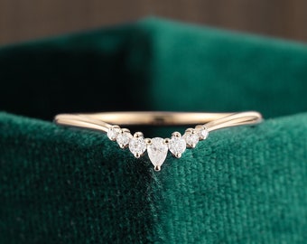 Pear Shaped Moissanite Chevron Wedding Band, Yellow Gold Stacking Ring