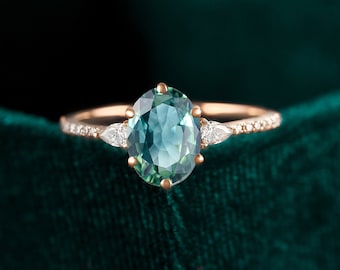 Oval Teal Sapphire Engagement Ring, Rose Gold Diamond Bridal Ring