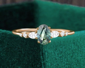 Oval cut blue green sapphire engagement ring, pear shaped moissanite rose gold ring, diamond anniversary gift for her, promise bridal ring