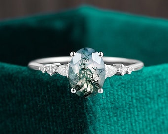 Oval Moss Agate Engagement Ring, Pear Moissanite, White Gold Bridal Ring