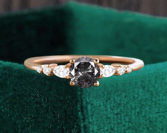 Salt and Pepper Diamond Engagement Ring, Rose Gold Pear Moissanite Bridal Ring