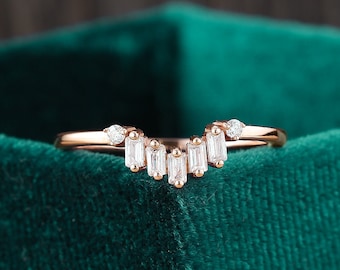 Baguette cut moissanite rose gold wedding band, chevron stacking diamond wedding ring, anniversary gift for her, promise matching band women