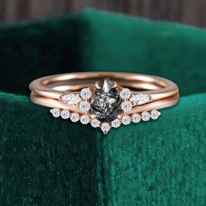 Pear shaped black rutilated quartz rose gold bridal set marquise moissanite anniversary engagement ring unique diamond stacking wedding band