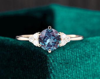 Lab Alexandrite Engagement Ring, Vintage Moissanite Cluster, 14K Yellow Gold