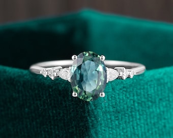 Oval Teal Sapphire Engagement Ring, Pear Moissanite, Diamond White Gold Wedding Band