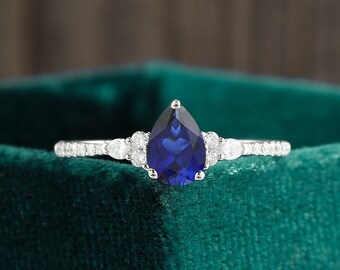 Pear Lab Sapphire Engagement Ring, Marquise Moissanite, White Gold Anniversary Band