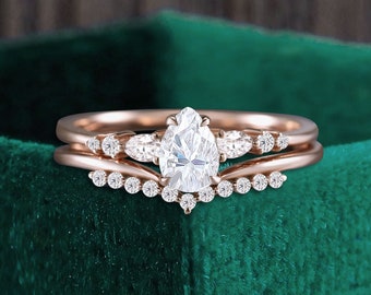 Pear shaped moissanite rose gold bridal set vintage diamond engagement ring stacking curved matching wedding band prong set anniversary ring