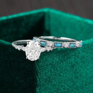 Oval cut moissanite engagement ring, Turquoise diamond milgrain wedding band, Vintage white gold bridal set, Pear shaped anniversary ring