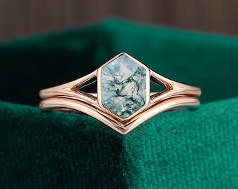 Long hexagon moss agate bridal set, solitaire art deco rose gold engagement ring, split band bezel set ring, chevron solid gold wedding band