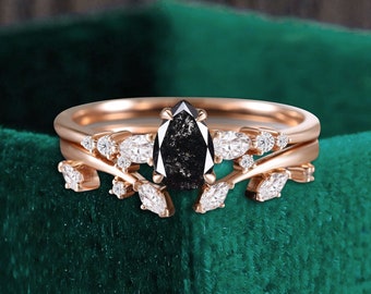 Pear Salt and Pepper Diamond Bridal Set, Rose Gold Moissanite Wedding Band