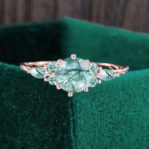 Unique moss agate engagement ring, marquise moissanite rose gold ring, vintage twisted diamond promise ring, anniversary bridal wedding ring