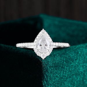 Pear shaped moissanite engagement ring white gold Vintage halo diamond solid gold bridal ring Unique prong set anniversary ring gift for her