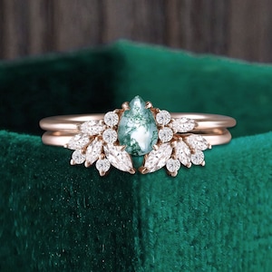 Pear shaped moss agate rose gold bridal set, vintage marquise moissanite engagement ring, diamond cluster stacking anniversary wedding band