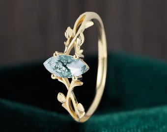 Solitaire marquise cut moss agate engagement ring, Nature inspired leaf yellow gold ring, Promise twig twisted anniversary ring gift for her